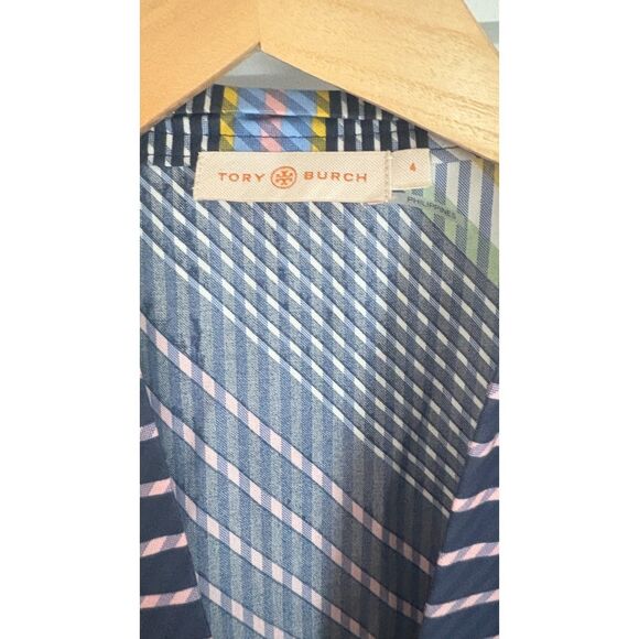 TORY BURCH Striped Cotton-poplin Wrap Midi Dress Navy Size 4 - Picture 4 of 5